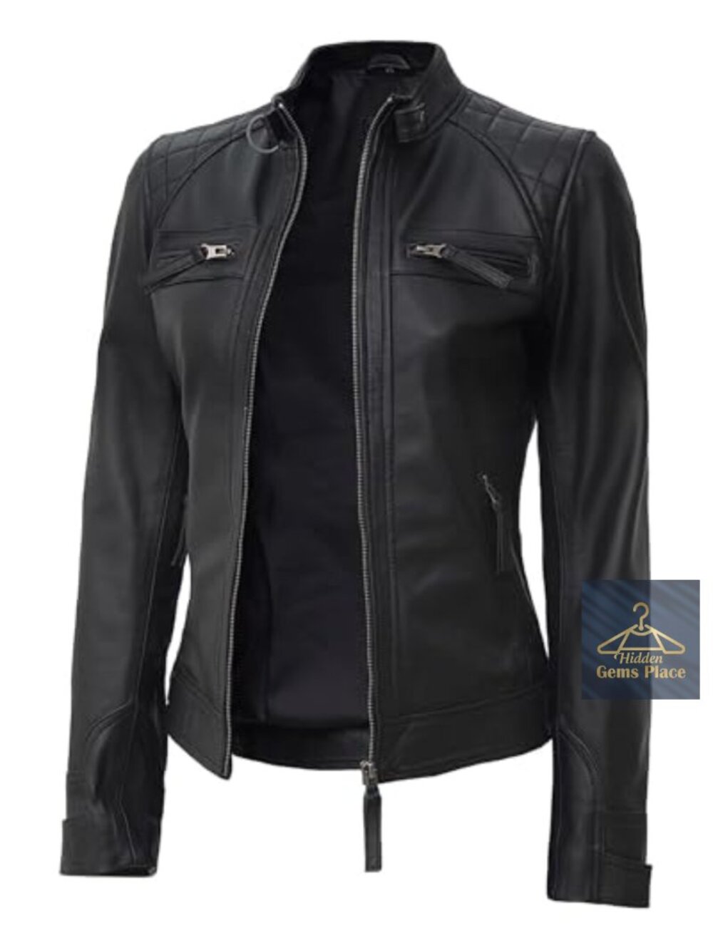 Real Lambskin Leather Quilted Shoulder Cafe Racer Jacket